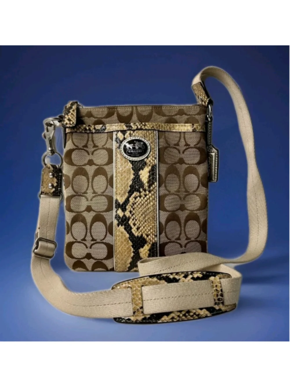 COACH-Sutton-Signature Crossbody-Python Trim-Gold Logo Khaki Jacquard #47875